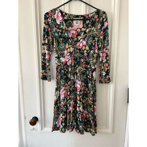 Anthropologie Lilka long sleeve floral v-neck dress green pink white gold S